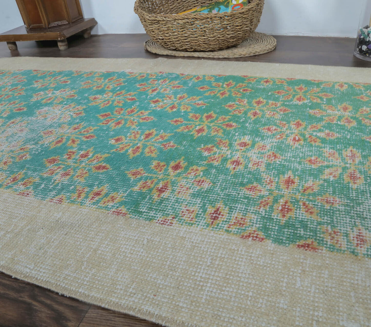 El yapımı vintage halı 79x152 cm çiçek desenli desenli yün - desen detayı