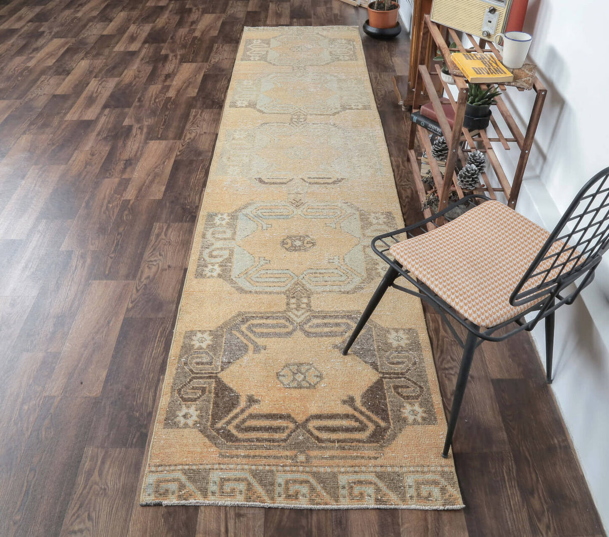 El yapımı vintage yolluk 81x351 cm tribal desenli yün - kenar ve saçak detayı