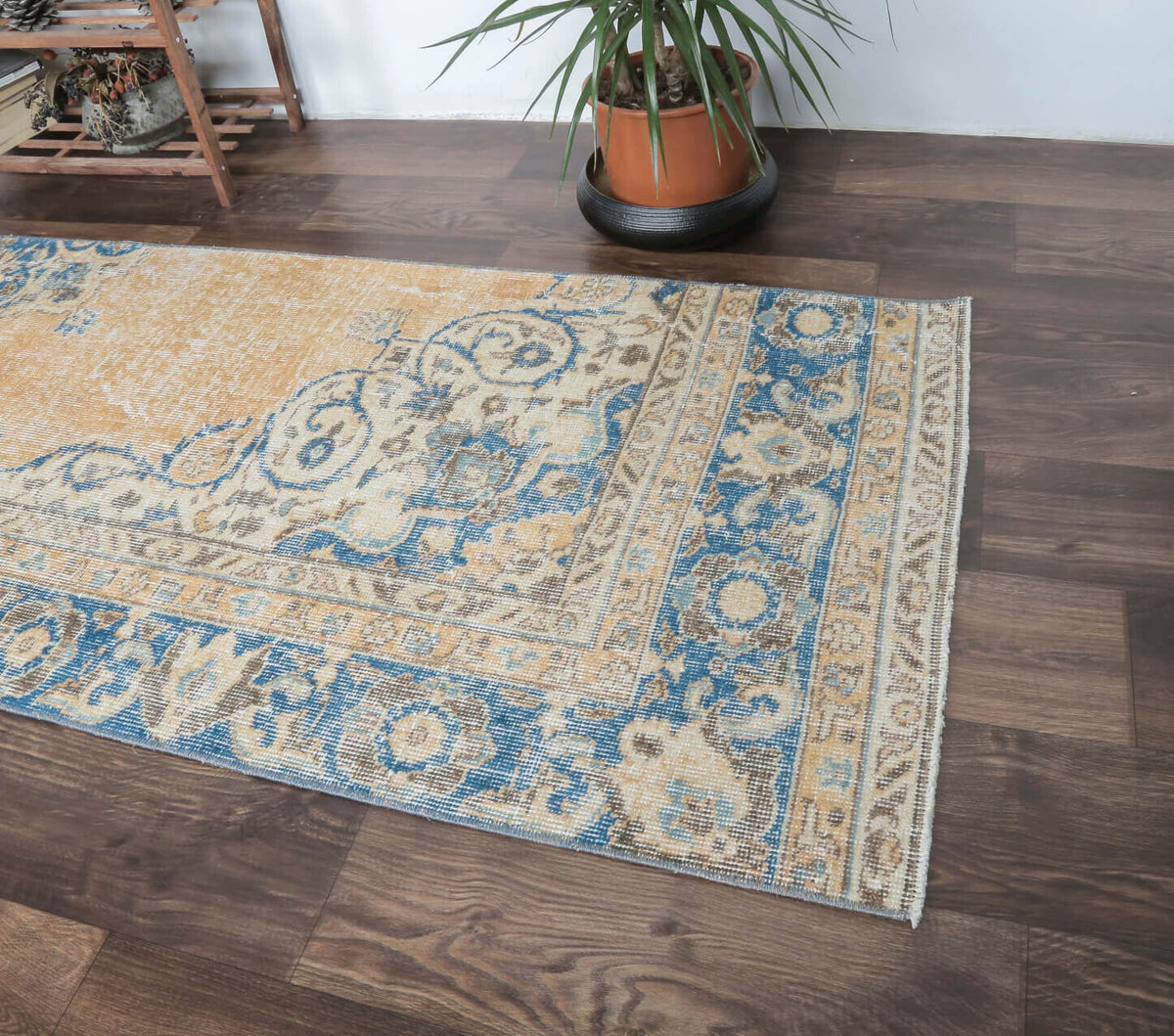 El yapımı vintage yolluk 79x310 cm oryantal desenli yün - yakın çekim doku detayı