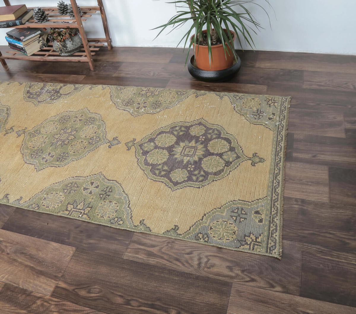 El yapımı vintage yolluk 81x315 cm oryantal desenli yün - yakın çekim doku detayı