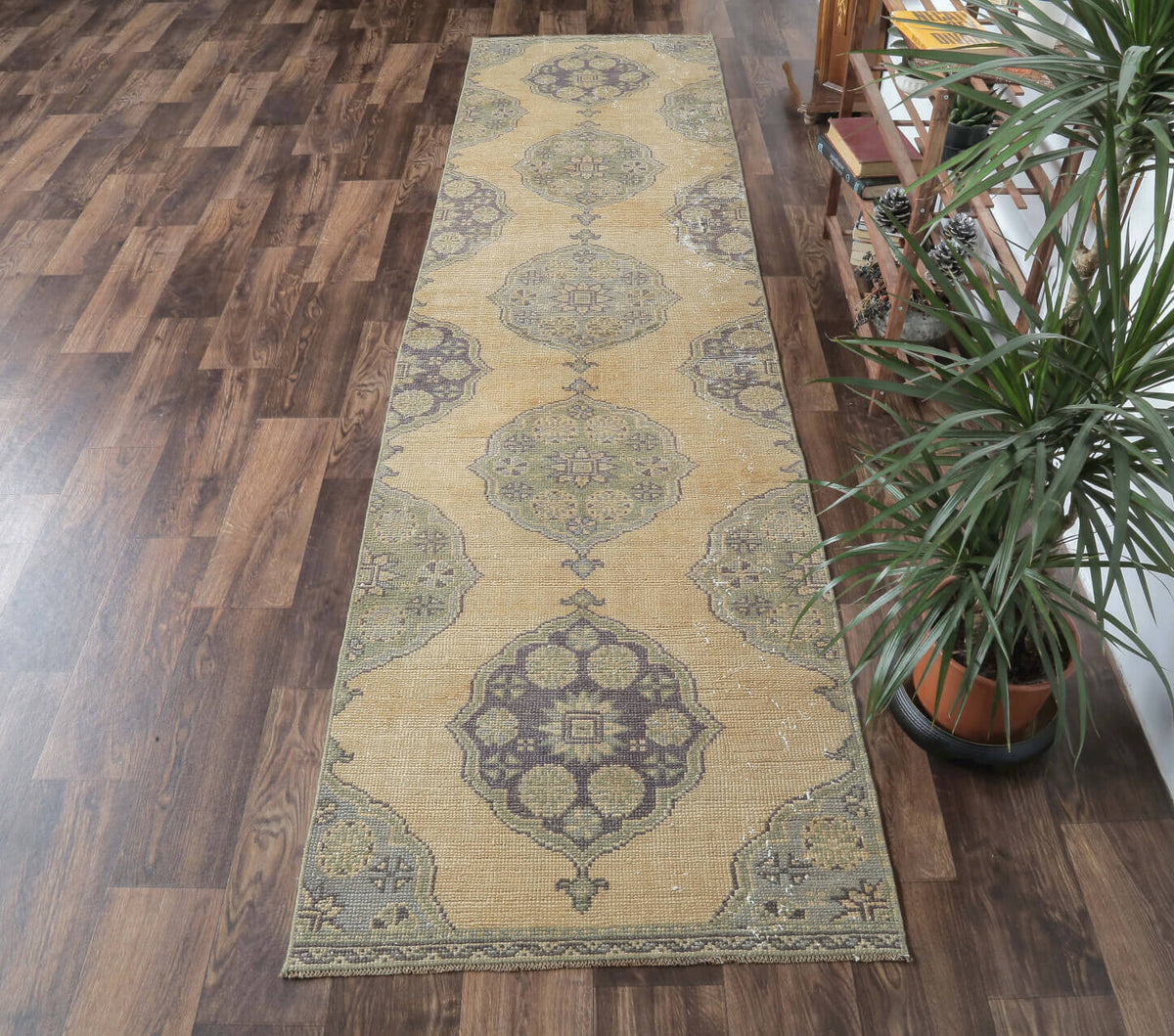 El yapımı vintage yolluk 81x315 cm oryantal desenli yün - kenar ve saçak detayı