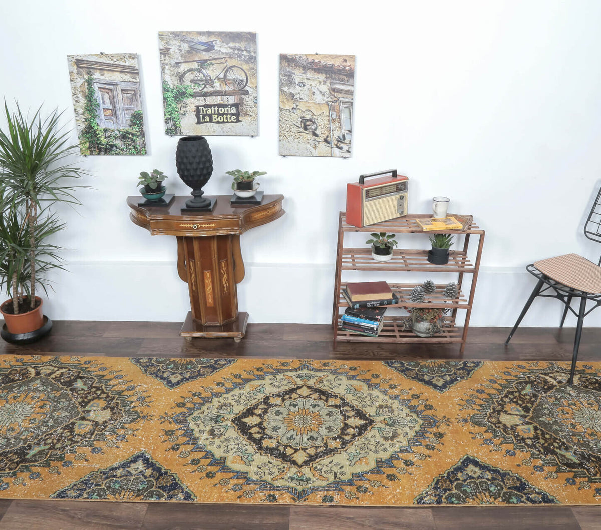 El yapımı vintage yolluk 94x411 cm oryantal desenli yün - detay görünümü