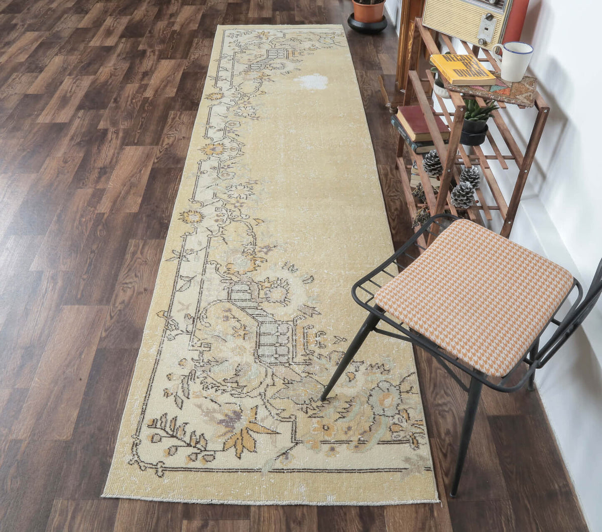 El yapımı vintage yolluk 86x325 cm tribal desenli yün - kenar ve saçak detayı