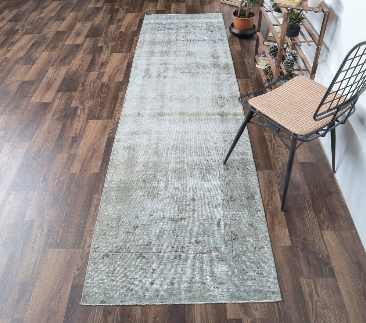 El yapımı vintage yolluk 86x318 cm tribal desenli yün - kenar ve saçak detayı