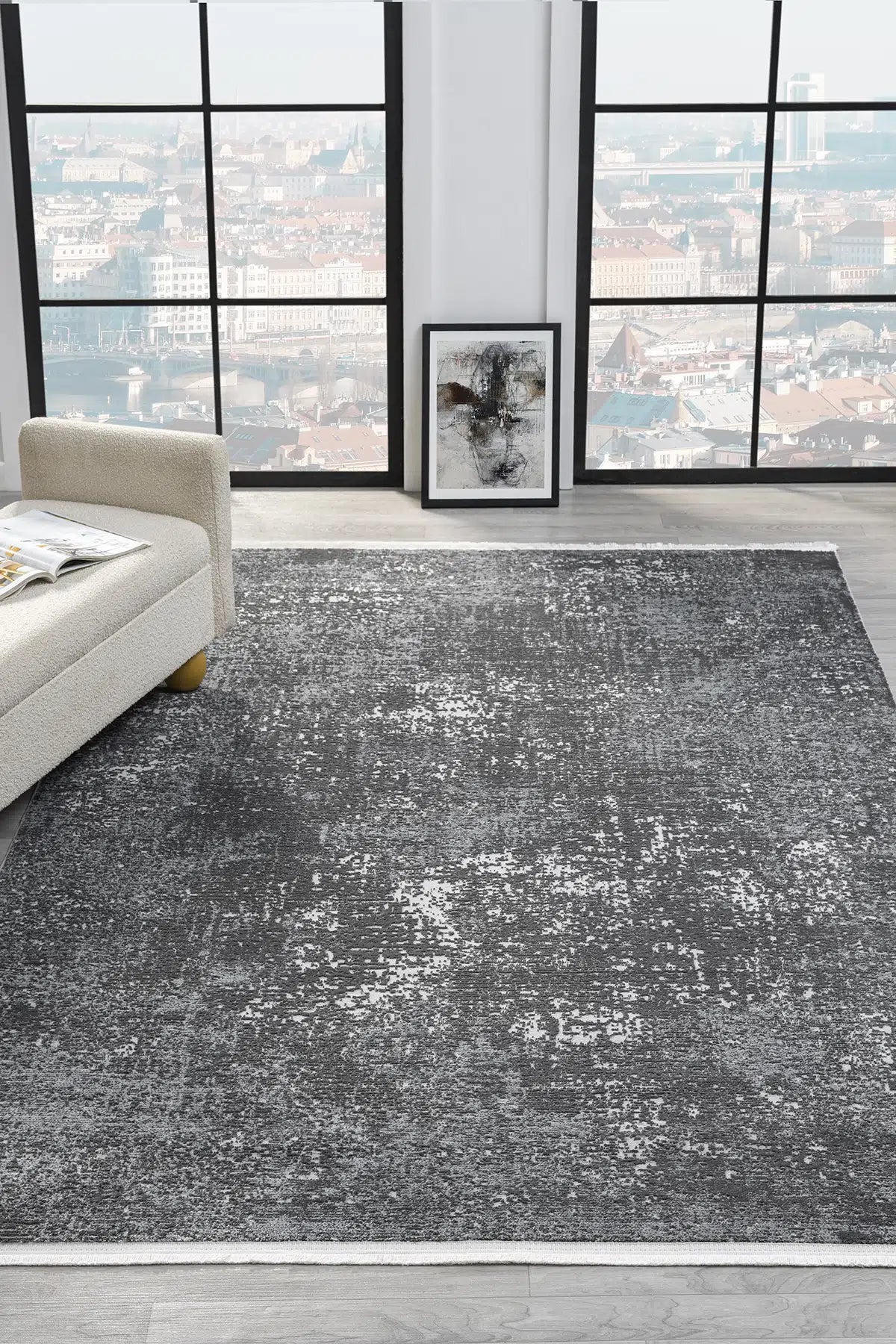 Antrasit Geometrik Blok Desenli Modern Halı - 6001AE