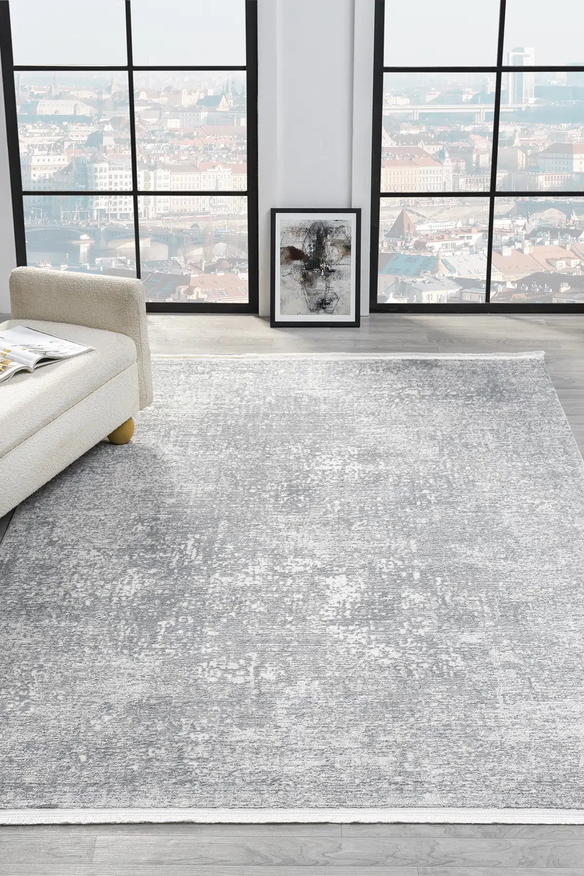Gri Geometrik Blok Desenli Modern Halı - 6001GE