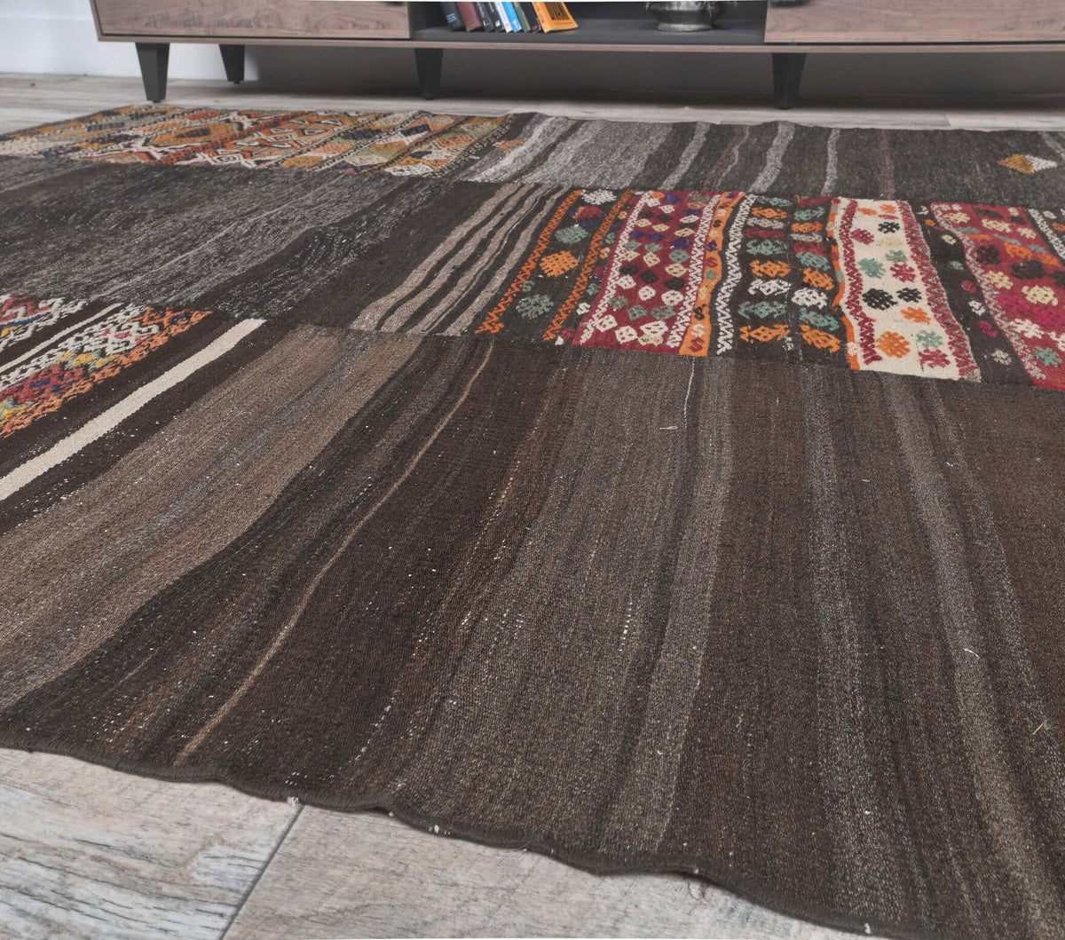 El yapımı vintage halı 198x226 cm patchwork desenli yün - üstten görünüm