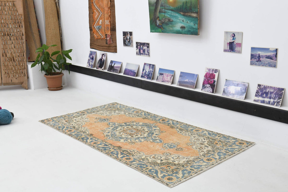 El yapımı vintage halı 107x203 cm oryantal desenli yün - detay görünümü