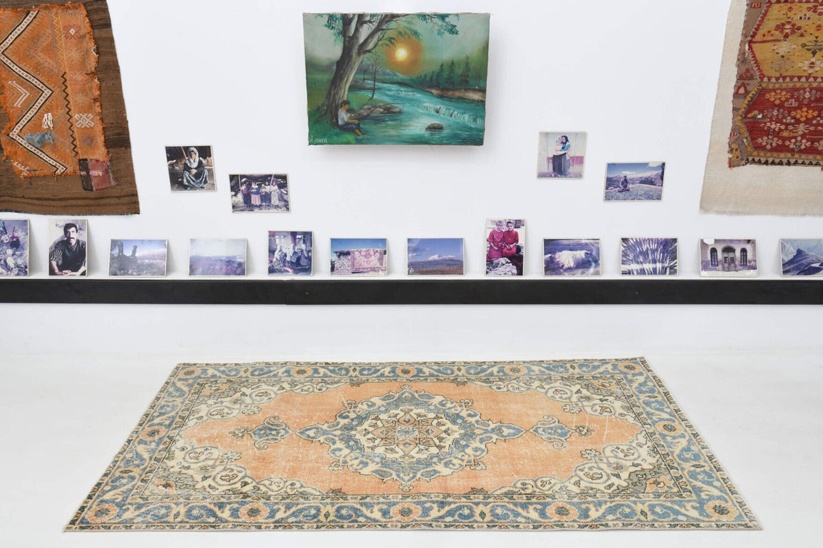 El yapımı vintage halı 107x203 cm oryantal desenli yün - üstten görünüm