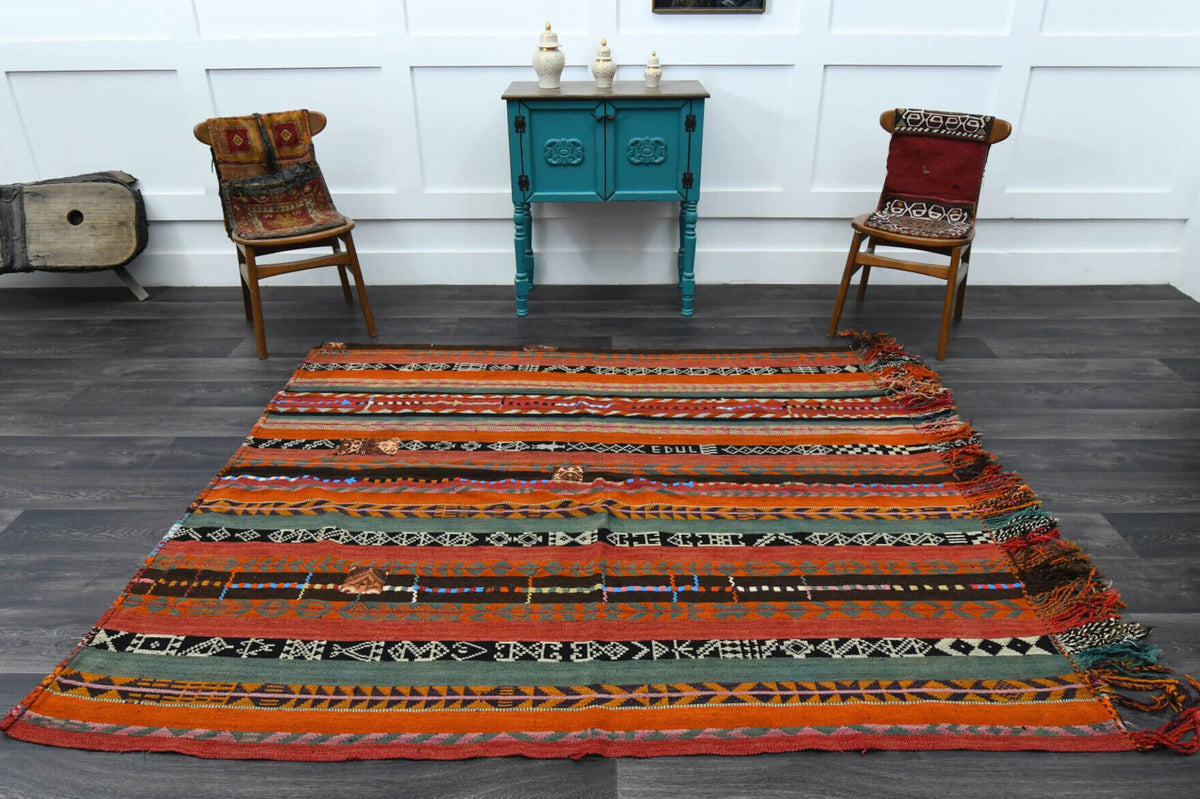 El yapımı vintage halı 193x218 cm oryantal desenli yün - kenar ve saçak detayı