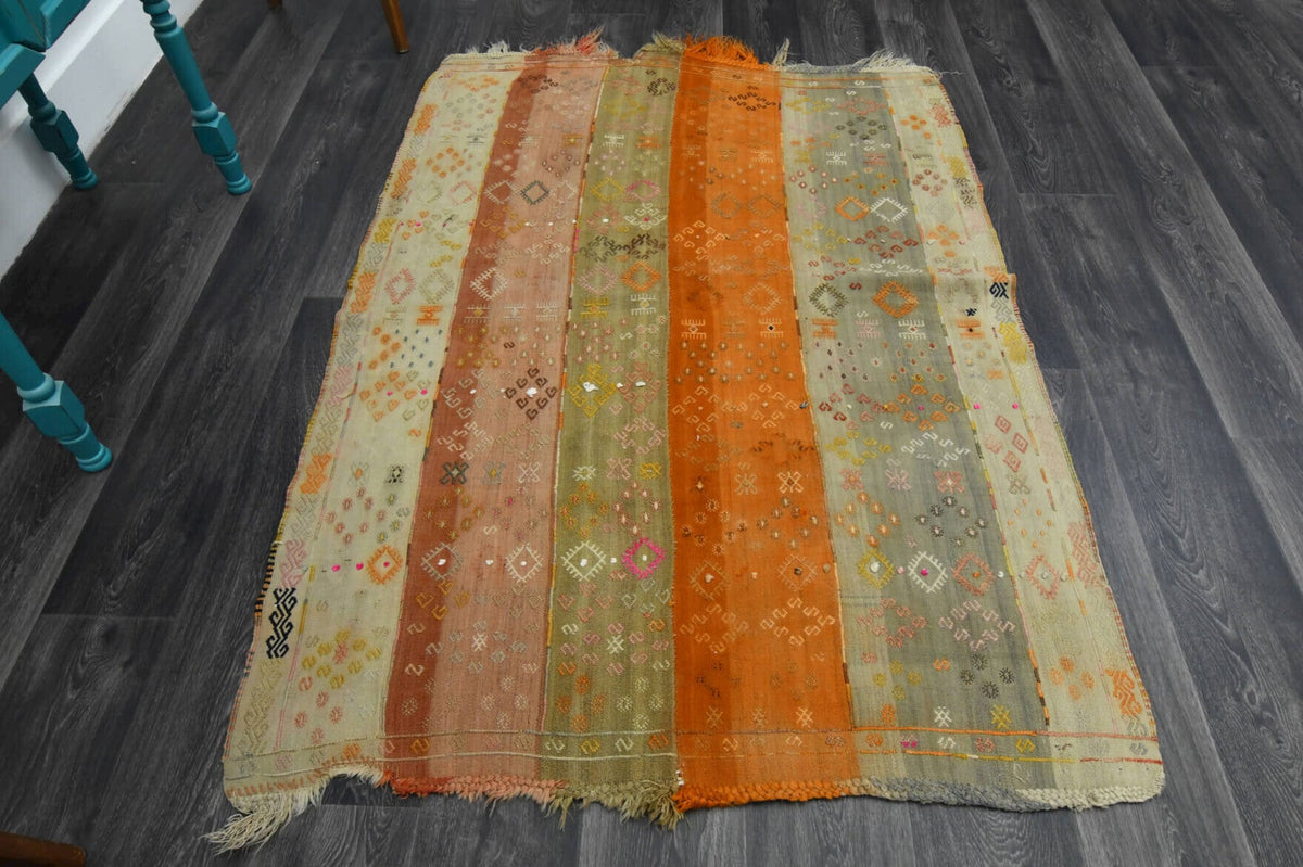 El yapımı vintage halı 124x173 cm oryantal desenli yün - detay görünümü