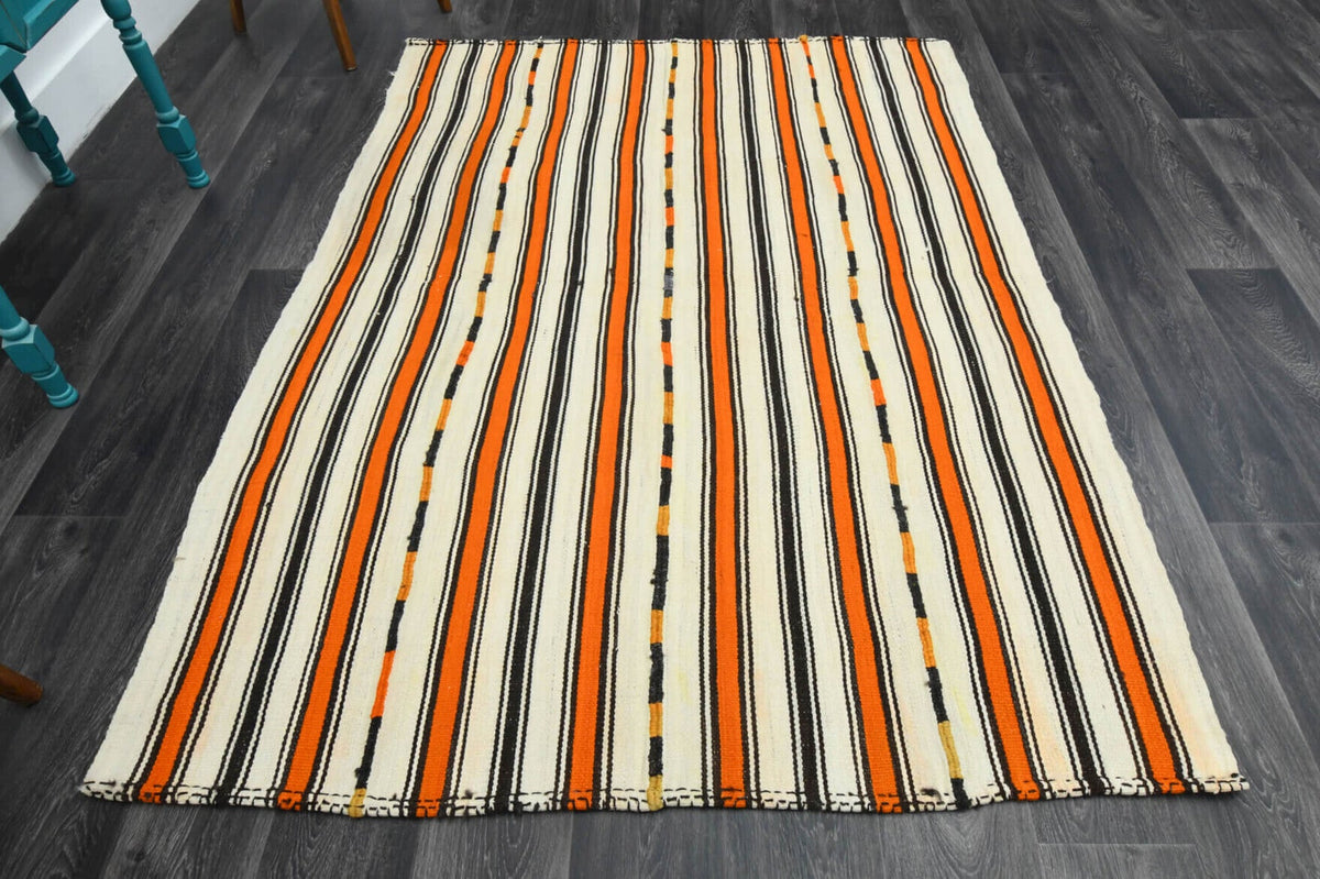El yapımı vintage halı 157x216 cm çizgili desenli yün - detay görünümü