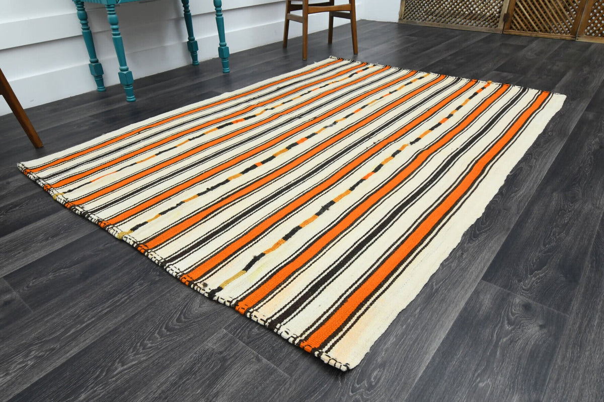 El yapımı vintage halı 157x216 cm çizgili desenli yün - yakın çekim doku detayı
