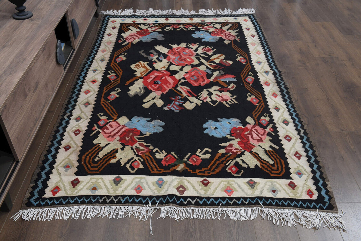 El yapımı vintage halı 155x239 cm oryantal desenli yün - detay görünümü