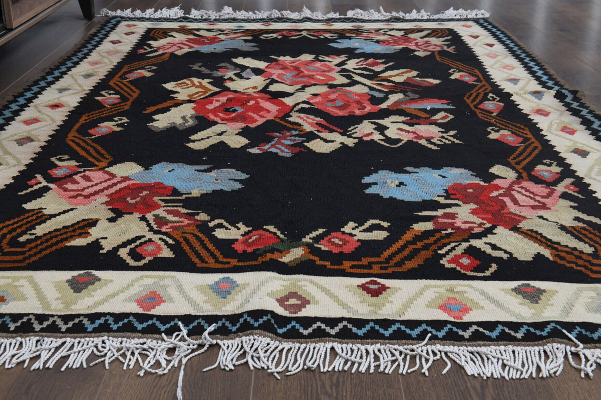 El yapımı vintage halı 155x239 cm oryantal desenli yün - yakın çekim doku detayı