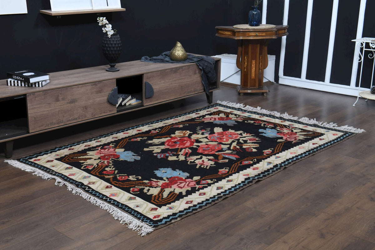 El yapımı vintage halı 155x239 cm oryantal desenli yün - üstten görünüm