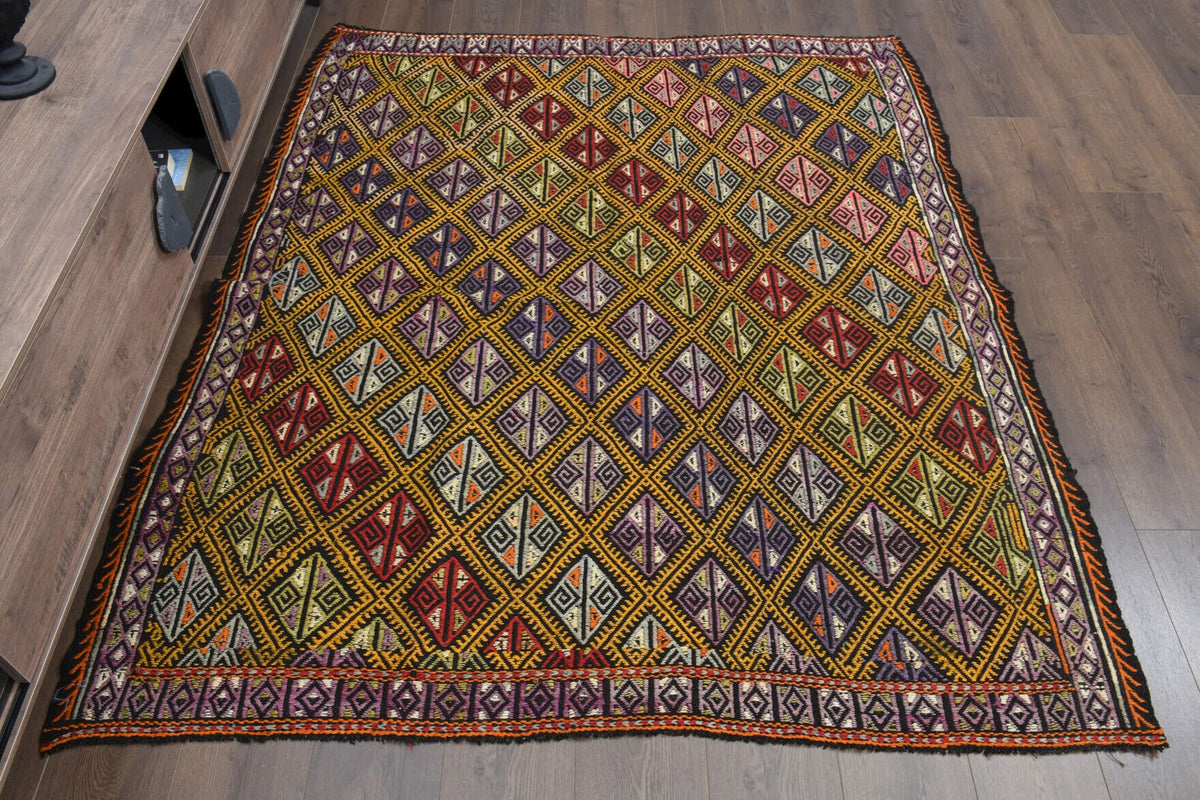 El yapımı vintage halı 168x198 cm oryantal desenli yün - detay görünümü