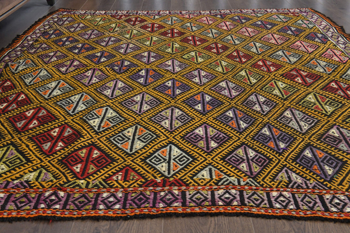 El yapımı vintage halı 168x198 cm oryantal desenli yün - yakın çekim doku detayı