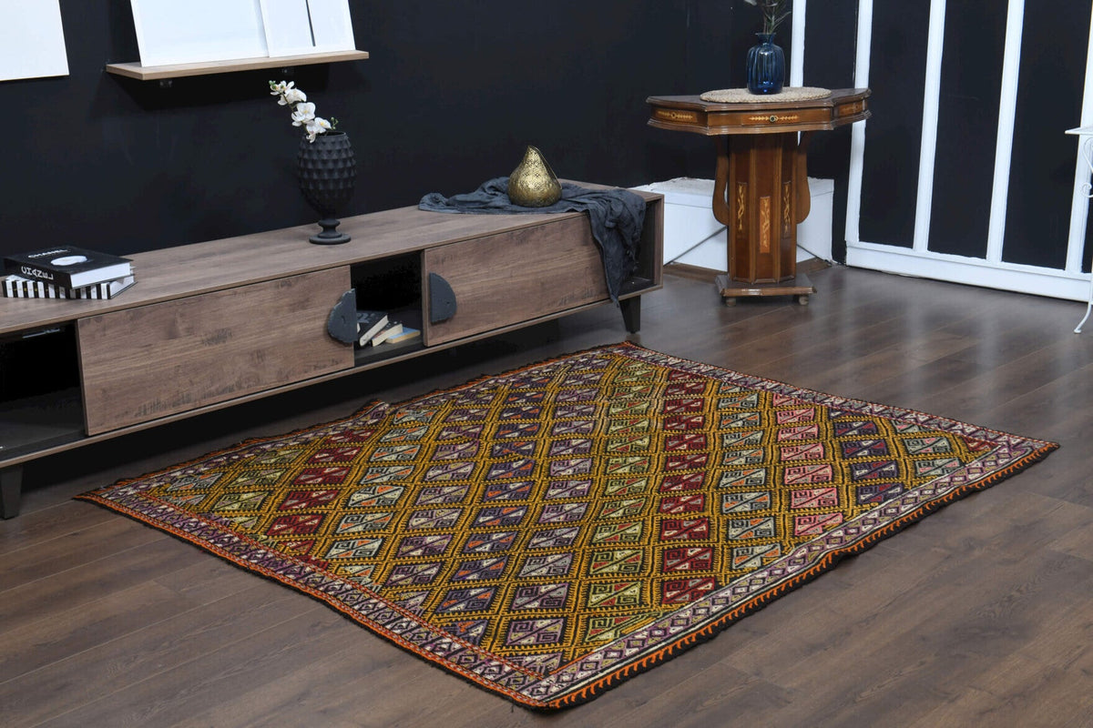 El yapımı vintage halı 168x198 cm oryantal desenli yün