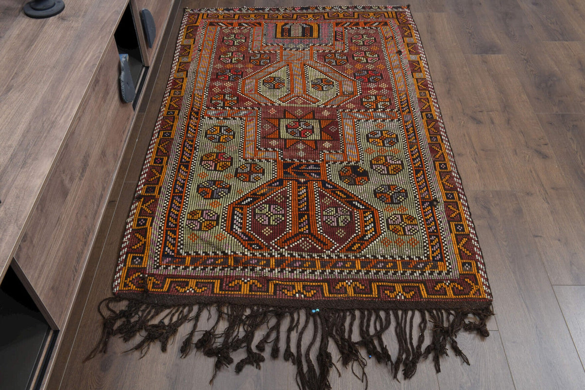 El yapımı vintage halı 109x170 cm oryantal desenli yün - detay görünümü
