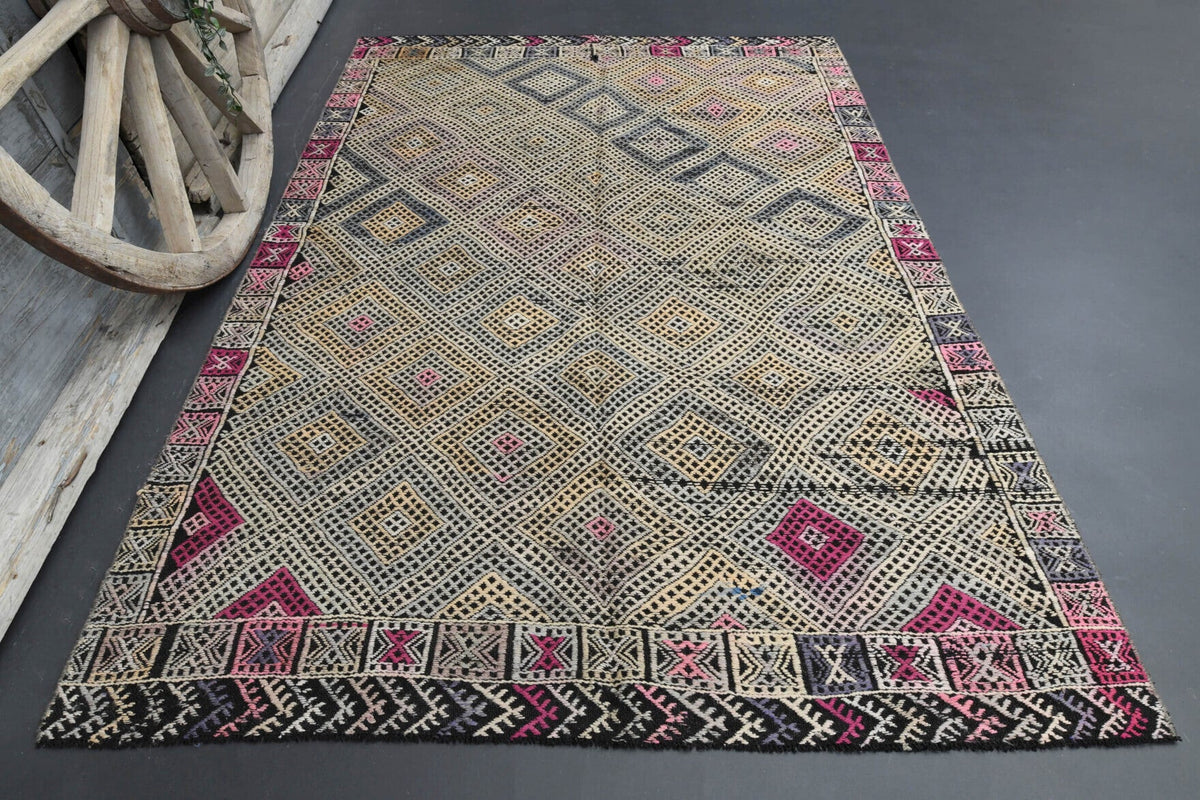 El yapımı vintage halı 157x234 cm oryantal desenli yün - detay görünümü