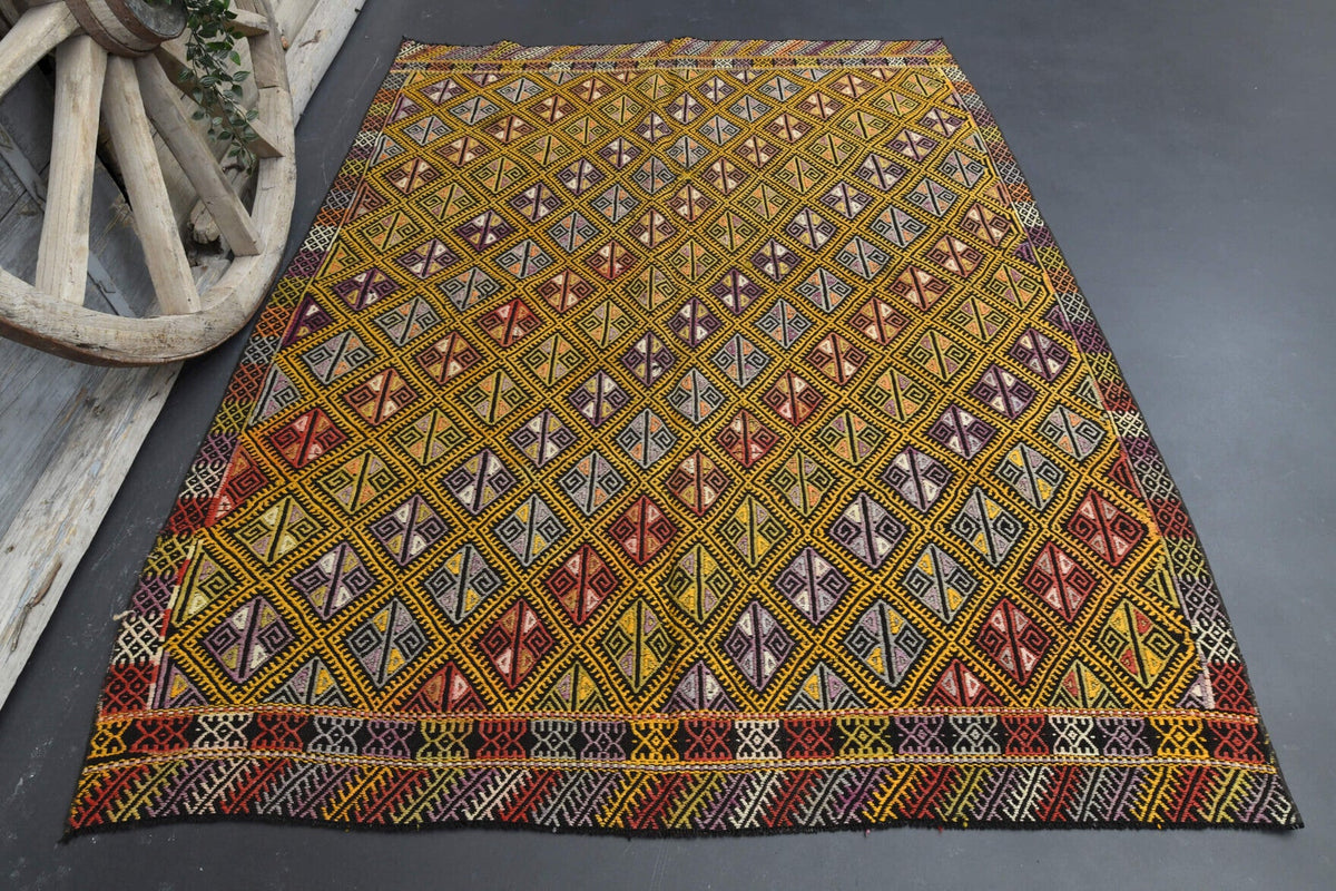 El yapımı vintage halı 163x213 cm oryantal desenli yün - detay görünümü