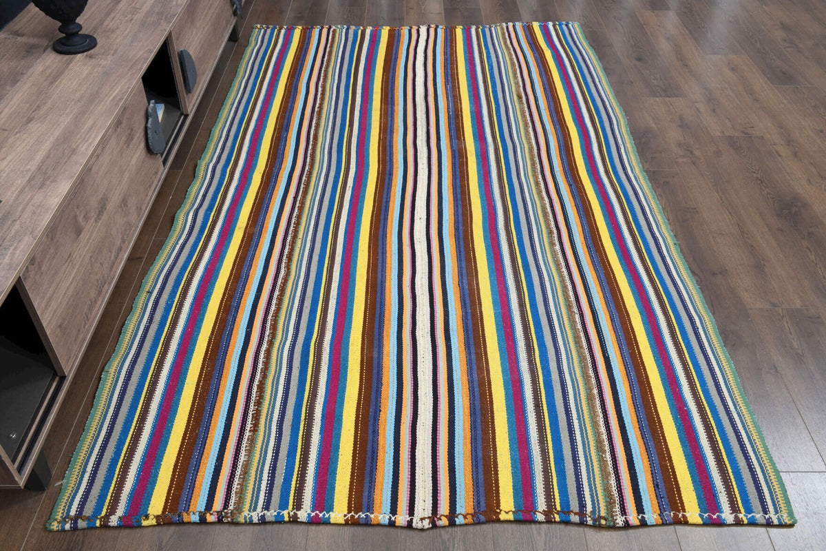 El yapımı vintage halı 157x259 cm çizgili desenli yün - detay görünümü