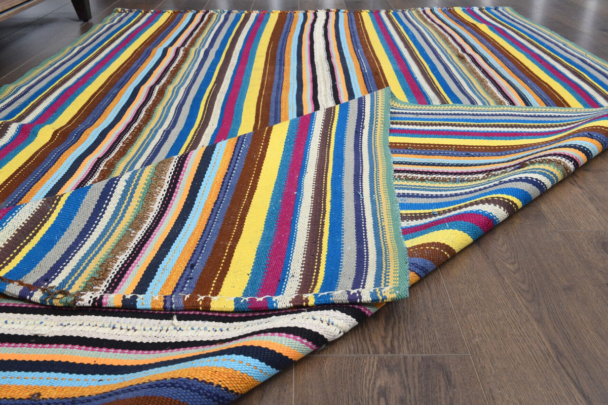 El yapımı vintage halı 157x259 cm çizgili desenli yün - kenar ve saçak detayı