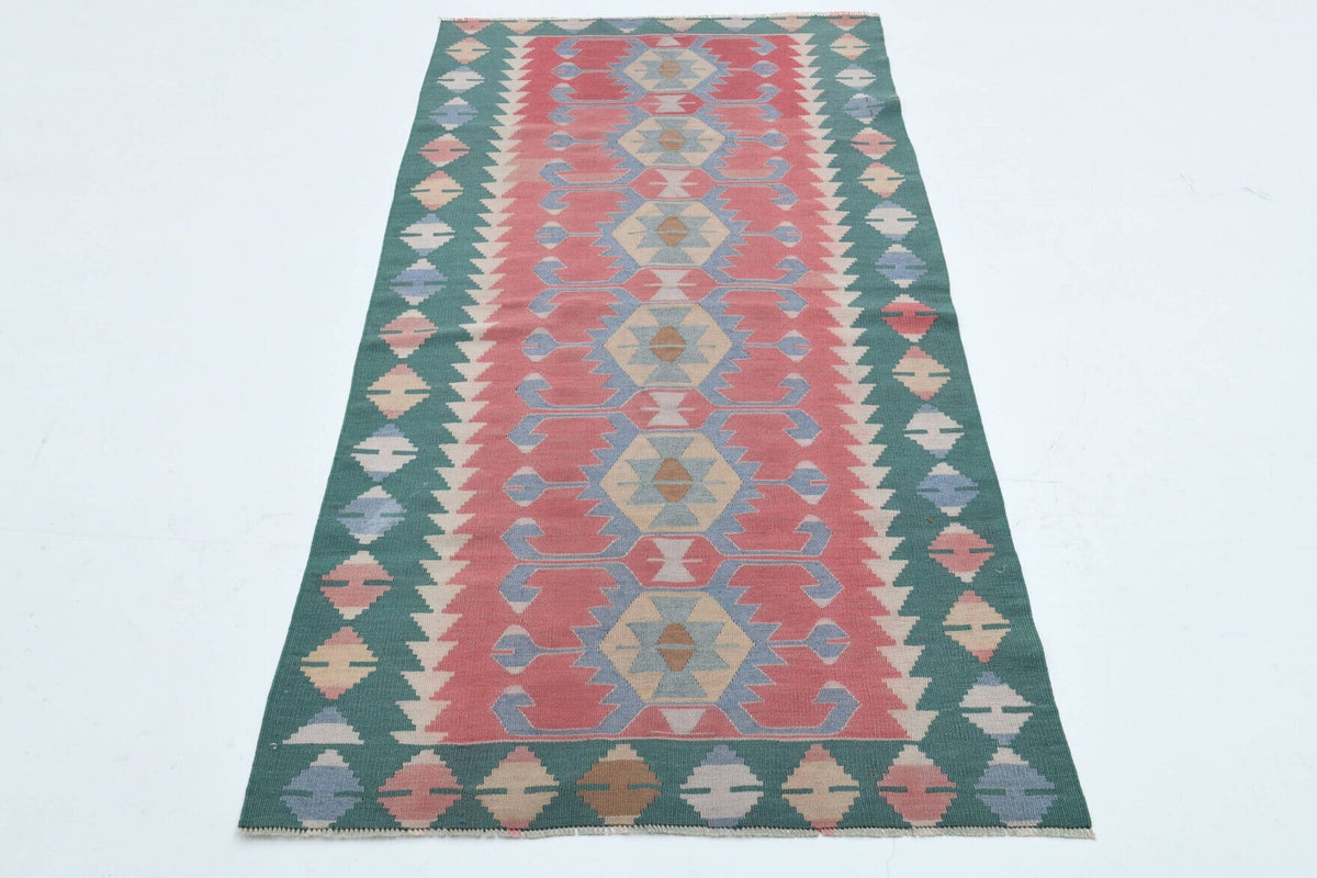 El yapımı vintage halı 89x180 cm geleneksel desenli yün - detay görünümü