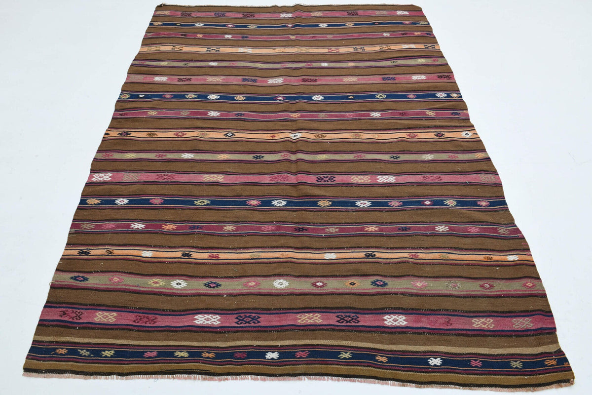 El yapımı vintage halı 168x229 cm çizgili desenli yün - detay görünümü