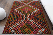 El yapımı vintage halı 168x241 cm i̇kat desenli yün - detay görünümü