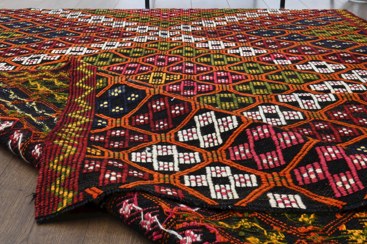 El yapımı vintage halı 168x241 cm i̇kat desenli yün - kenar ve saçak detayı