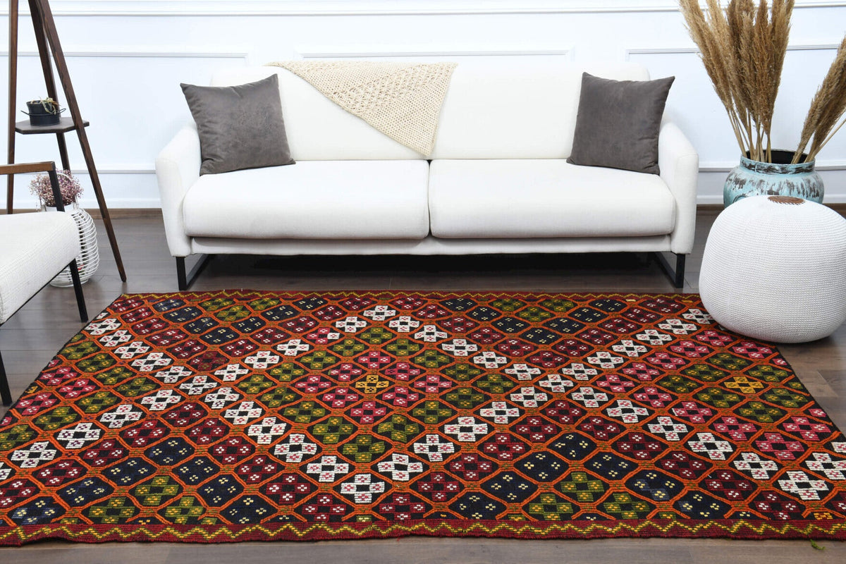El yapımı vintage halı 168x241 cm i̇kat desenli yün - üstten görünüm