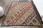 El yapımı vintage halı 155x229 cm i̇kat desenli yün - detay görünümü
