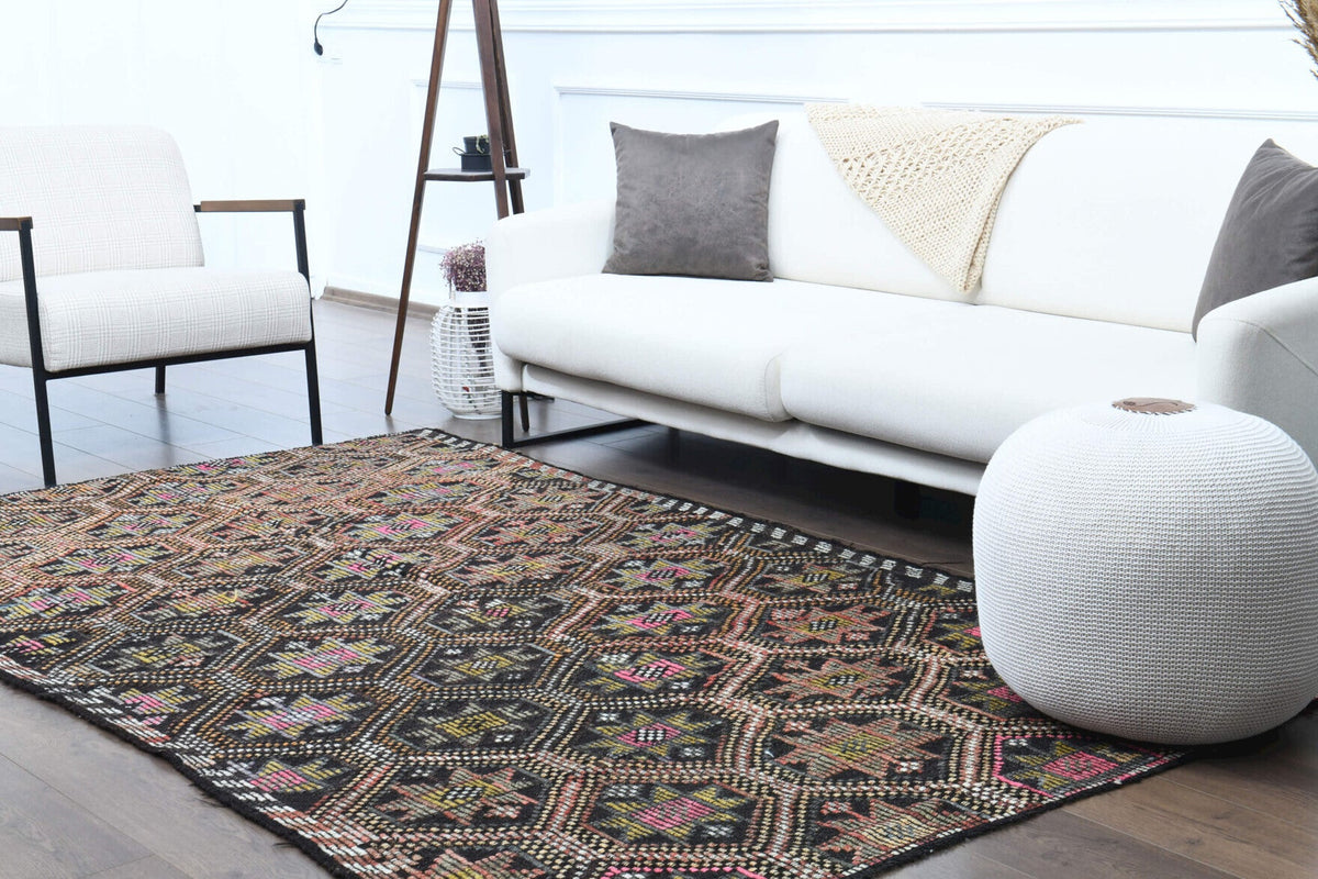 El yapımı vintage halı 157x259 cm i̇kat desenli yün - üstten görünüm