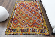 El yapımı vintage halı 137x208 cm kareli desenli yün - detay görünümü