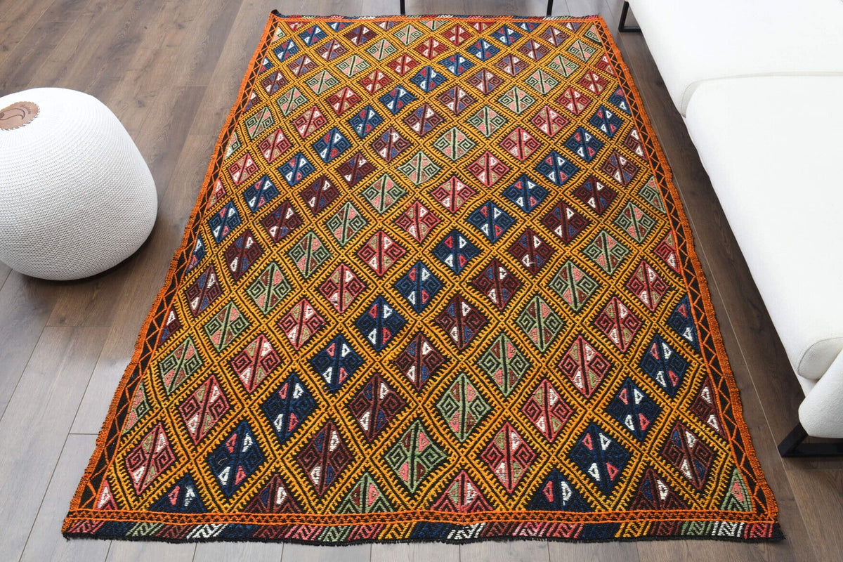 El yapımı vintage halı 157x231 cm i̇kat desenli yün - detay görünümü