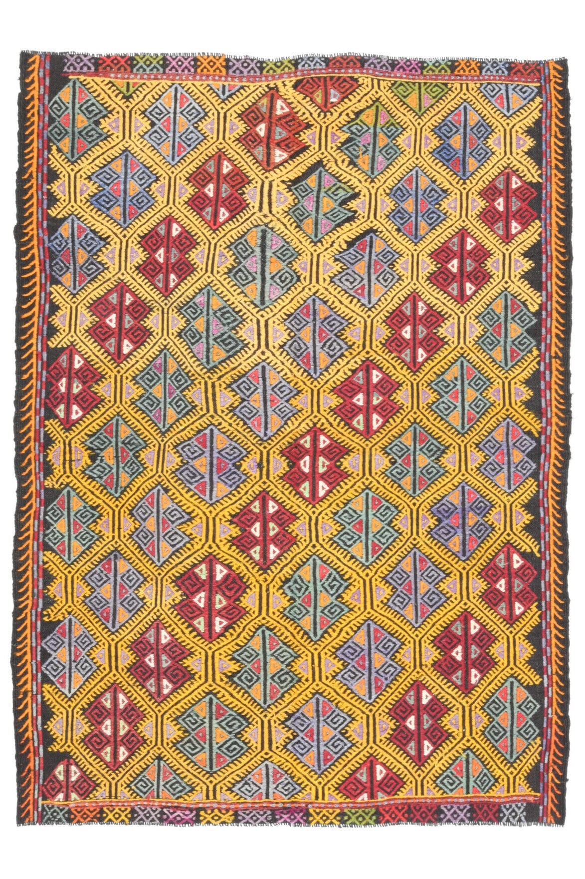 El yapımı vintage halı 150x208 cm i̇kat desenli yün - açık alan görünümü