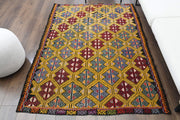 El yapımı vintage halı 150x208 cm i̇kat desenli yün - detay görünümü