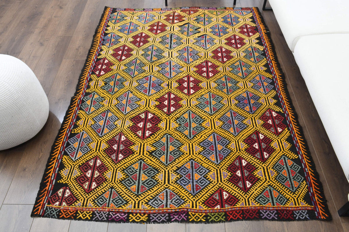 El yapımı vintage halı 150x208 cm i̇kat desenli yün - detay görünümü