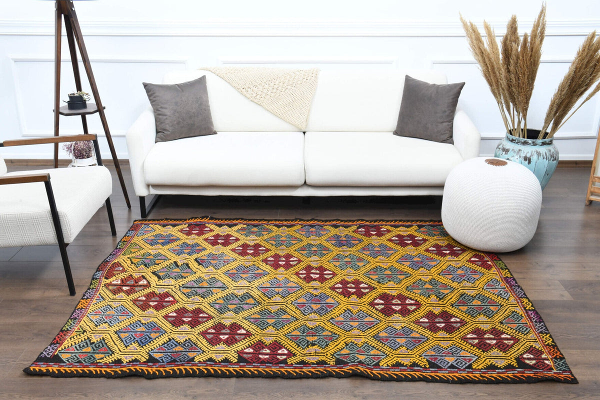 El yapımı vintage halı 150x208 cm i̇kat desenli yün - üstten görünüm