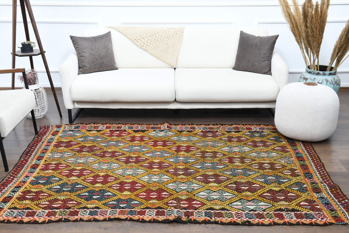 El yapımı vintage halı 155x234 cm i̇kat desenli yün - üstten görünüm