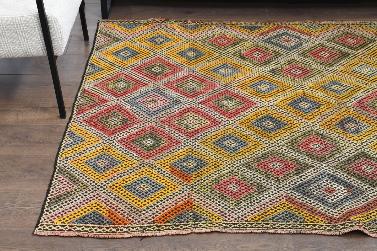 El yapımı vintage halı 157x201 cm i̇kat desenli yün - yakın çekim doku detayı