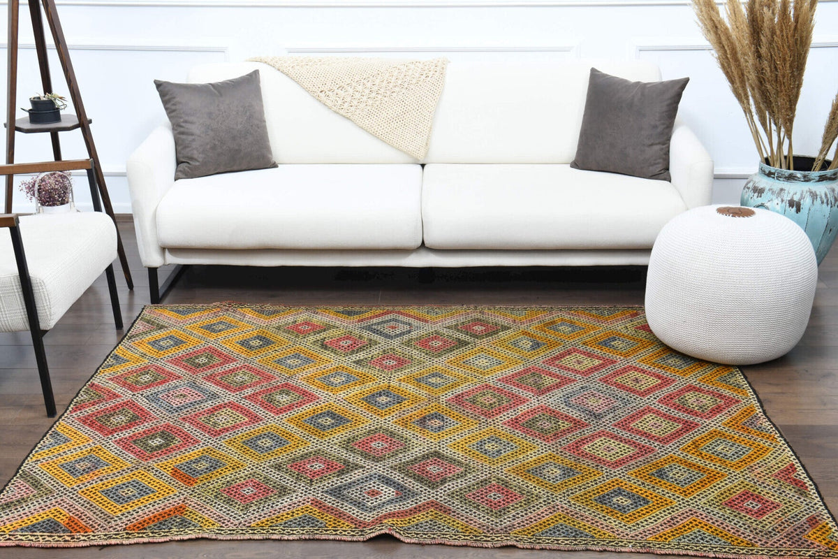 El yapımı vintage halı 157x201 cm i̇kat desenli yün - üstten görünüm