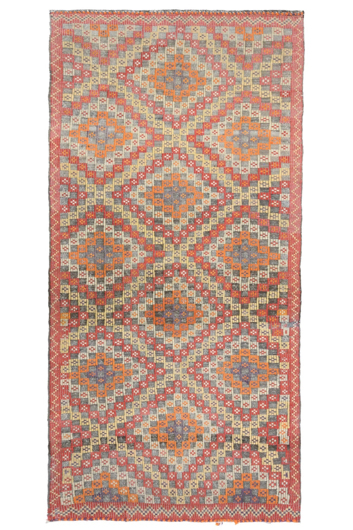 El yapımı vintage halı 122x254 cm i̇kat desenli yün - ışık altında renk detayı