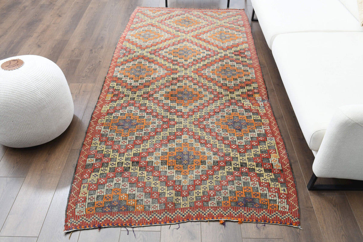 El yapımı vintage halı 122x254 cm i̇kat desenli yün - detay görünümü