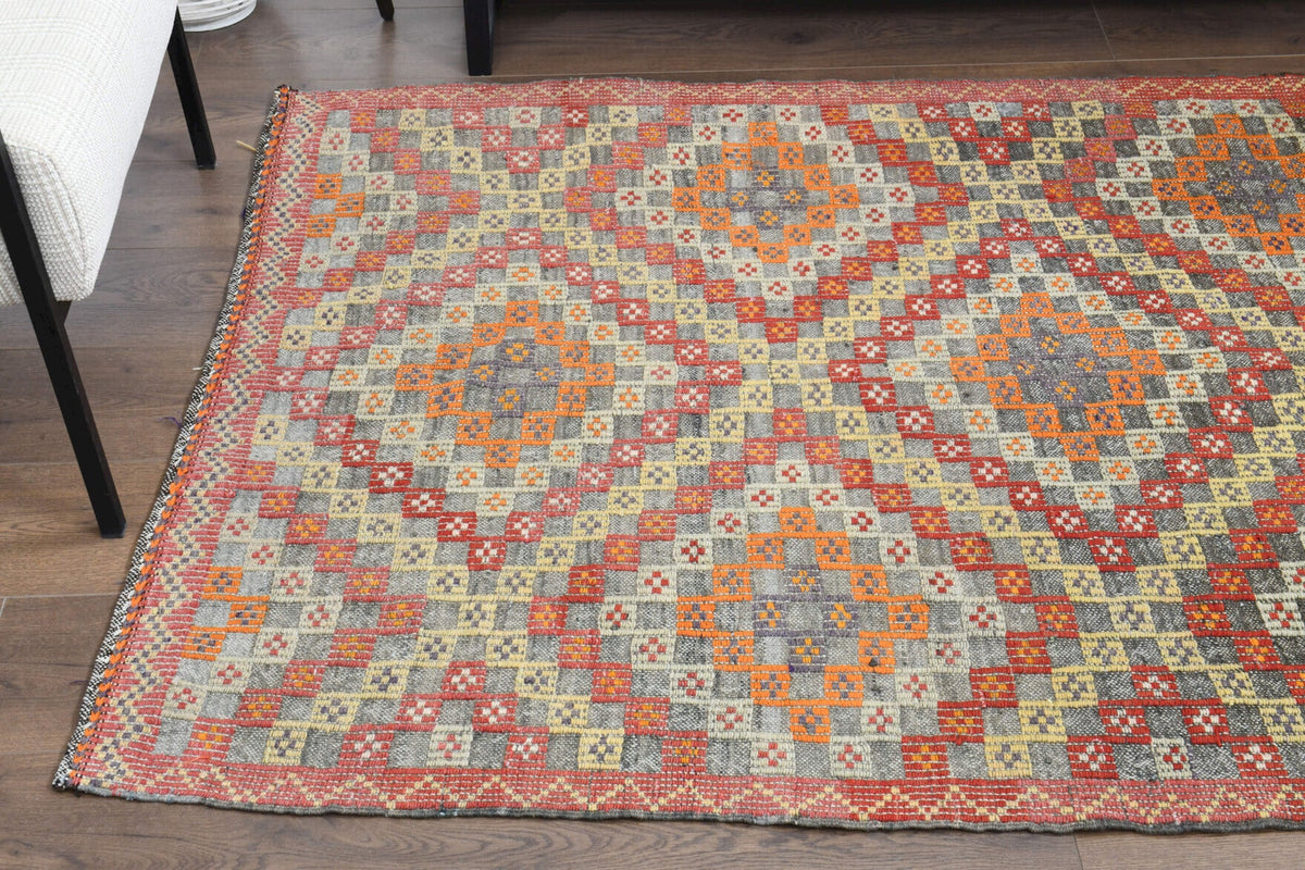El yapımı vintage halı 122x254 cm i̇kat desenli yün - kenar ve saçak detayı