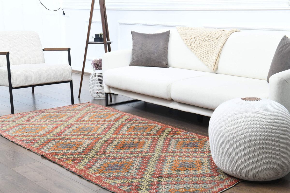 El yapımı vintage halı 122x254 cm i̇kat desenli yün - üstten görünüm