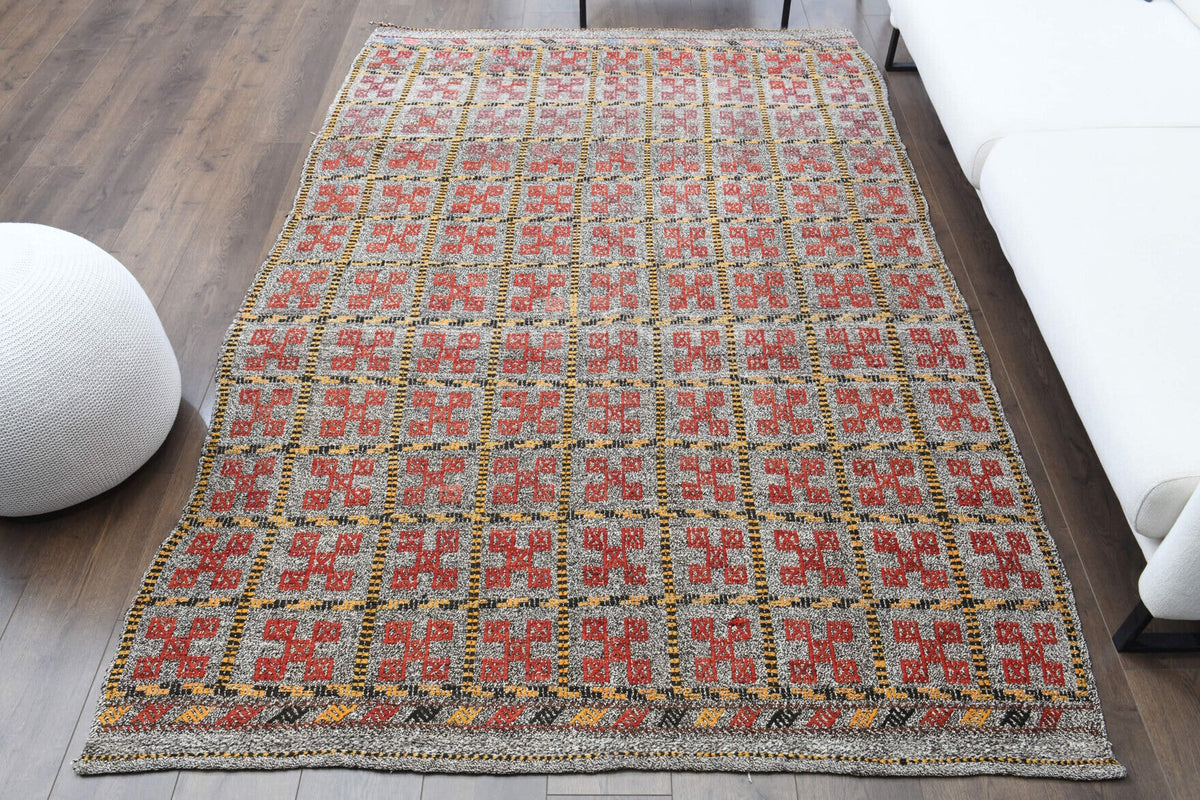 El yapımı vintage halı 168x246 cm i̇kat desenli yün - detay görünümü