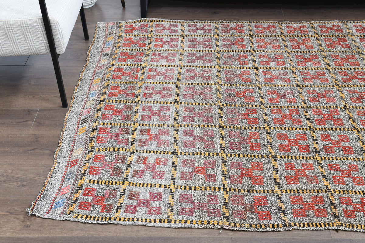 El yapımı vintage halı 168x246 cm i̇kat desenli yün - kenar ve saçak detayı